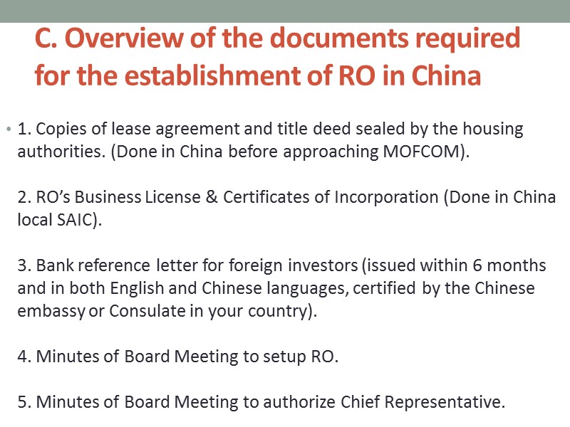 C. Overview of the documents required for the establishment of RO in China 